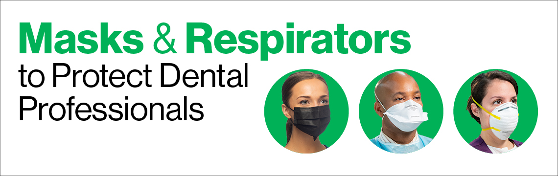 Header image for a blog post titled 'Masks & Respirators to Protect Dental Professionals', featuring three dental professionals in a row, each framed within a green circle. From left to right: a woman wearing a black mask, a man in blue scrubs wearing a white surgical mask, and a woman in purple scrubs wearing a yellow and white N95 respirator.