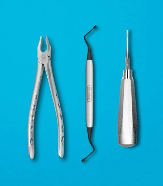 Hu-Friedy extraction forceps, periodontal probe, and elevator